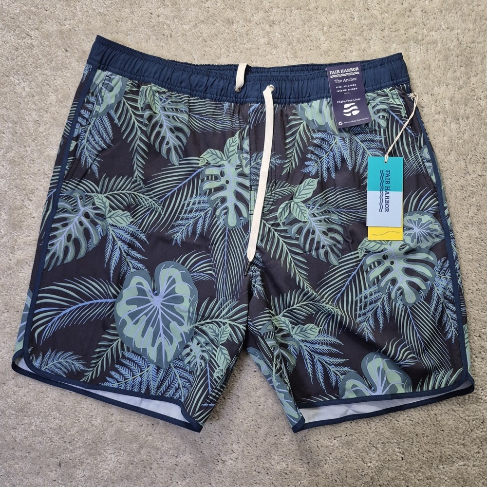 FAIR HARBOR Mens Anchor Swim Trunks Mens 2XL Green Floral Palm Lined Surf New